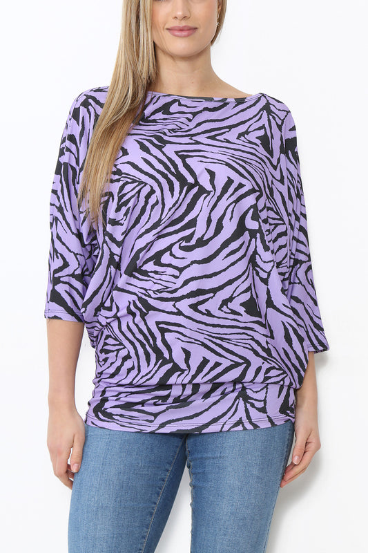 Ladies Animal Print Batwing Top Purple
