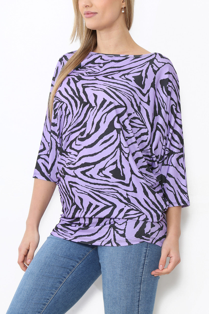 Ladies Animal Print Batwing Top Purple