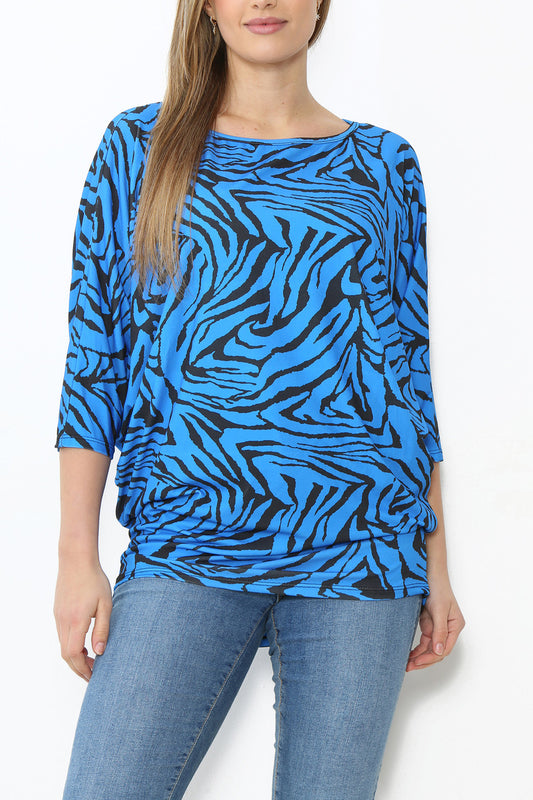 Ladies Animal Print Batwing Top Royal Blue