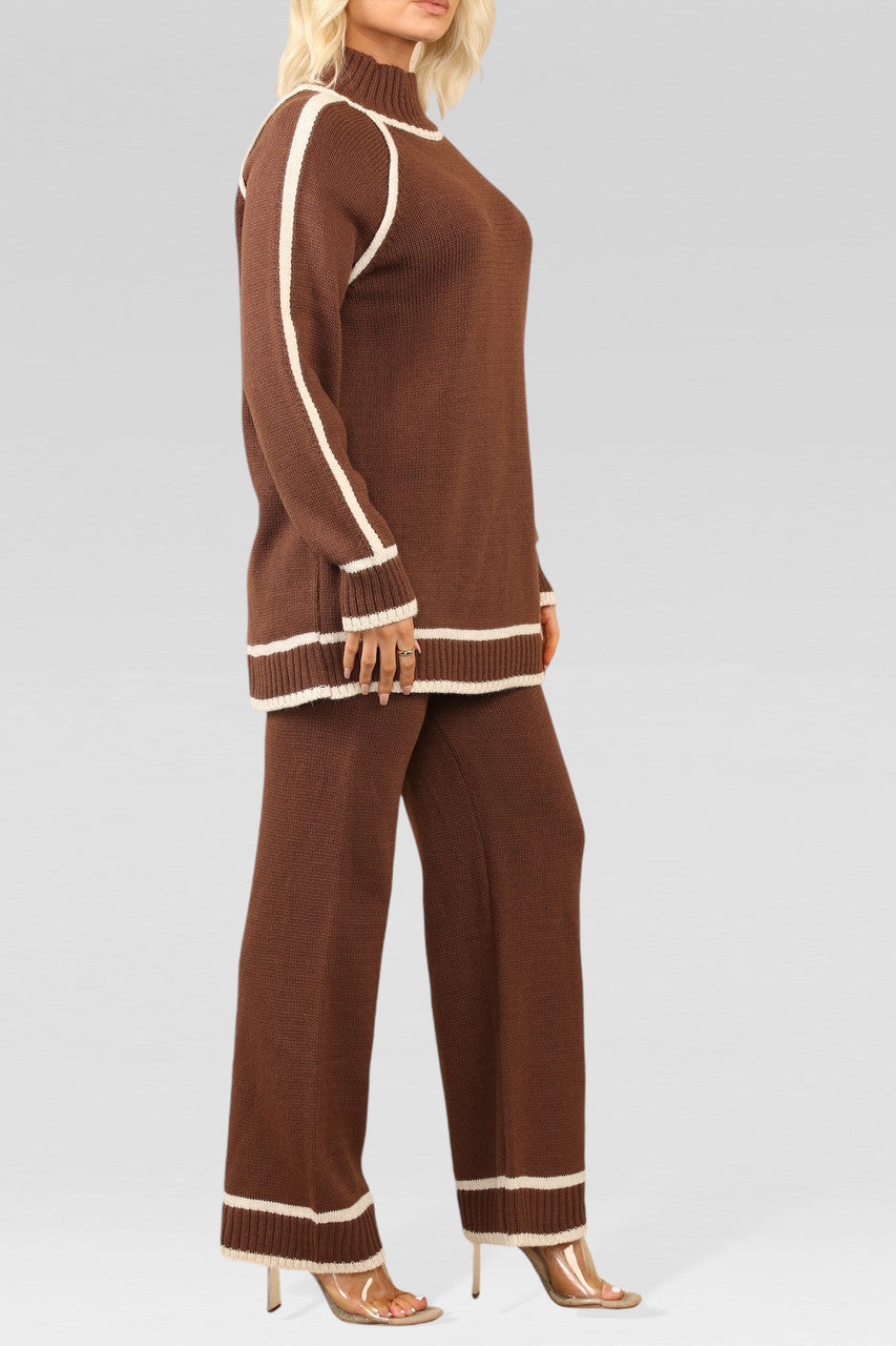 GEBREIDE TRUI EN BROEK SET CHOCOLADE