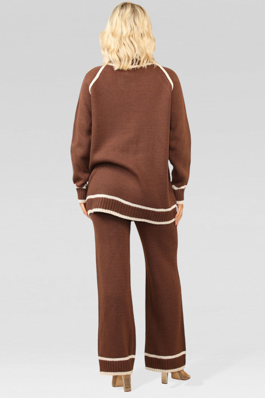 GEBREIDE TRUI EN BROEK SET CHOCOLADE