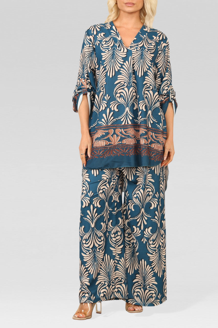 ART DECO PRINT BLOUSE TOP & TROUSER SET TEAL