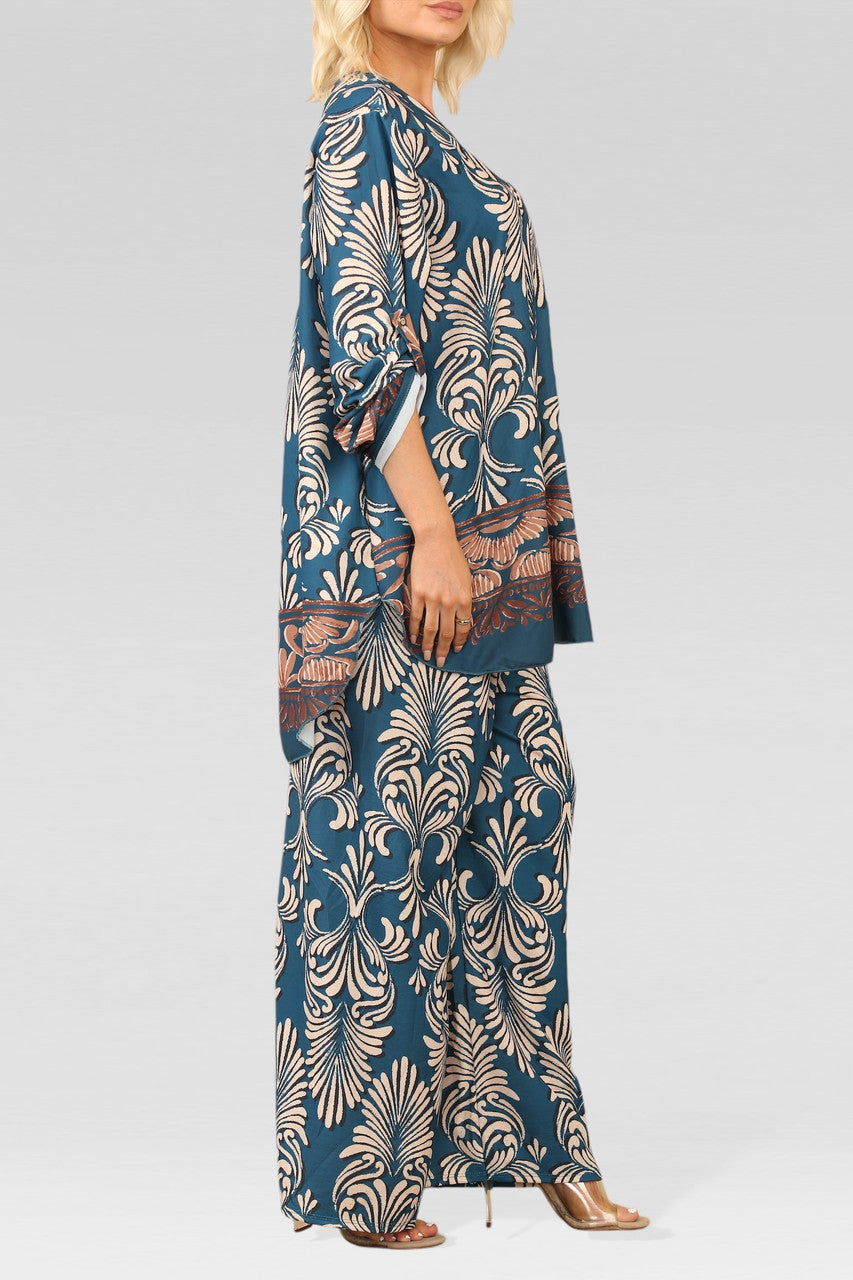 ART DECO PRINT BLOUSE TOP BLAUWGRIJS