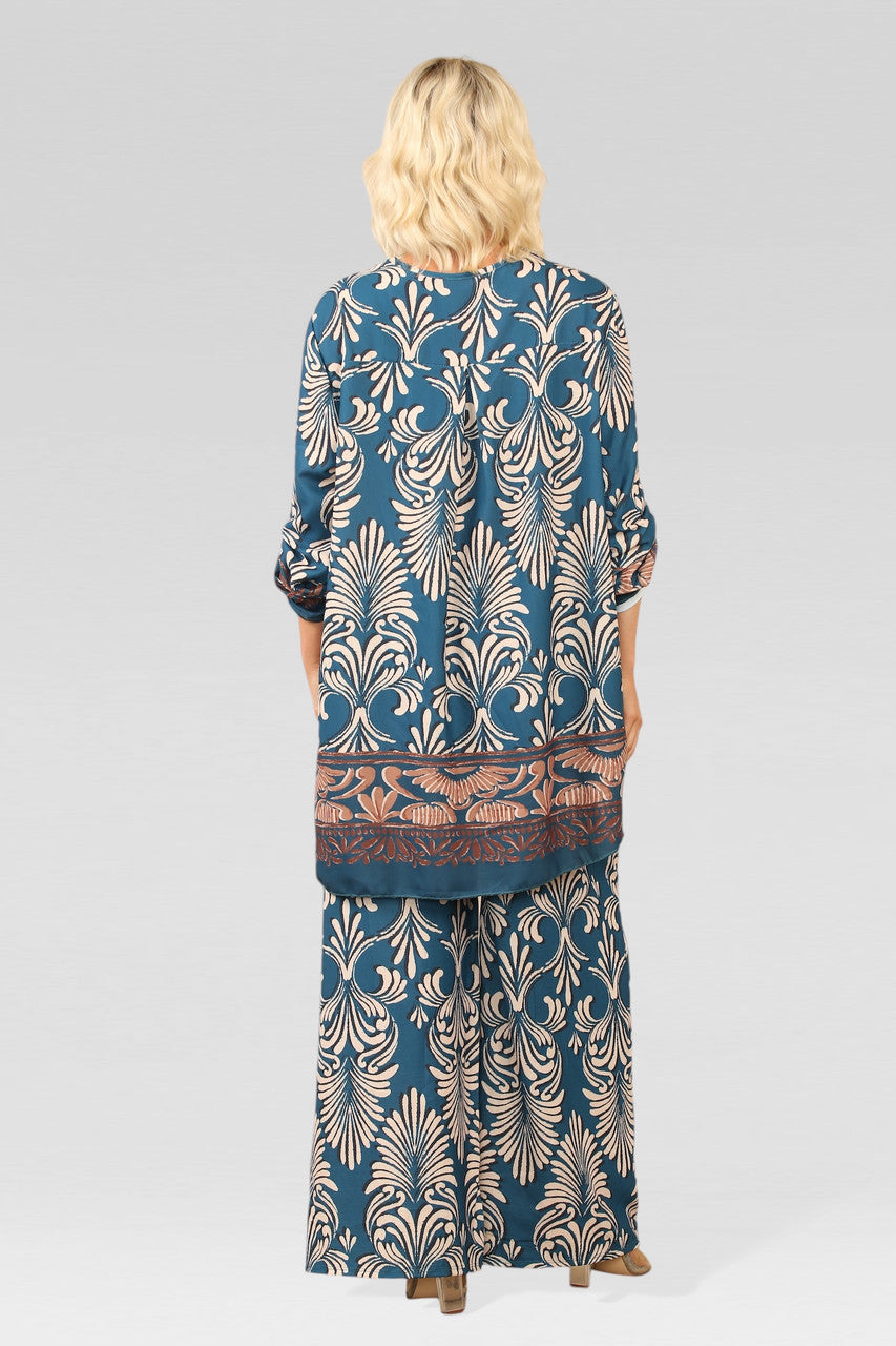 ART DECO PRINT BLOUSE TOP BLAUWGRIJS