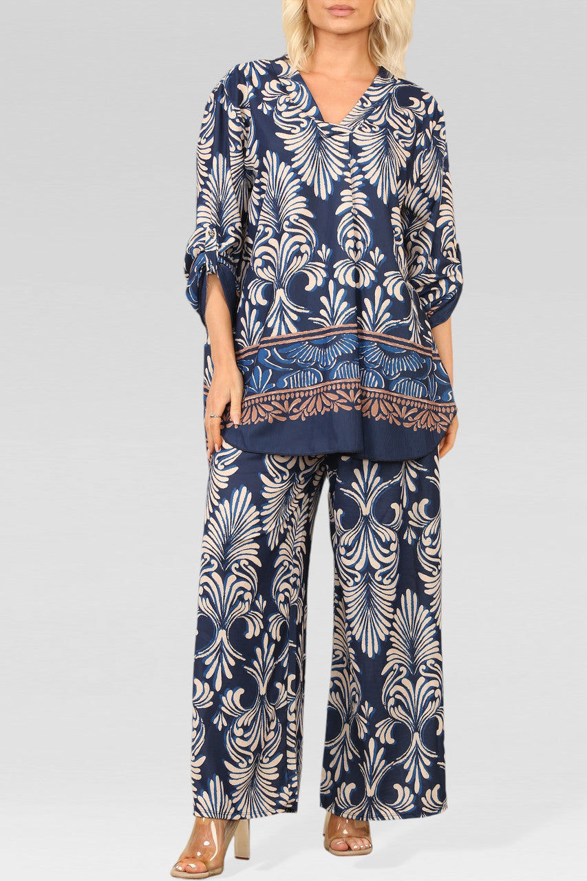 ART DECO PRINT BLOUSE TOP NAVY