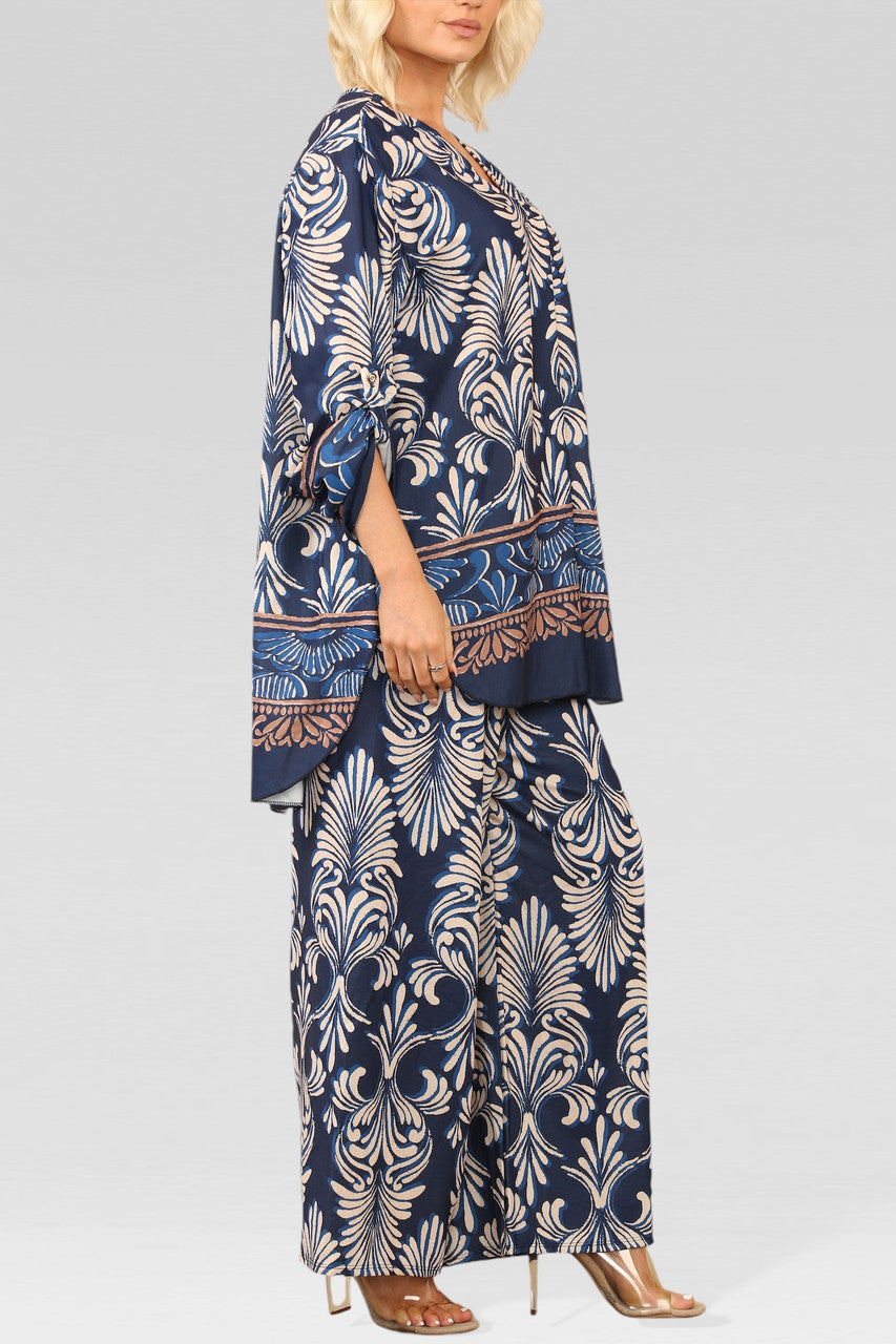 ART DECO PRINT BLOUSE TOP NAVY