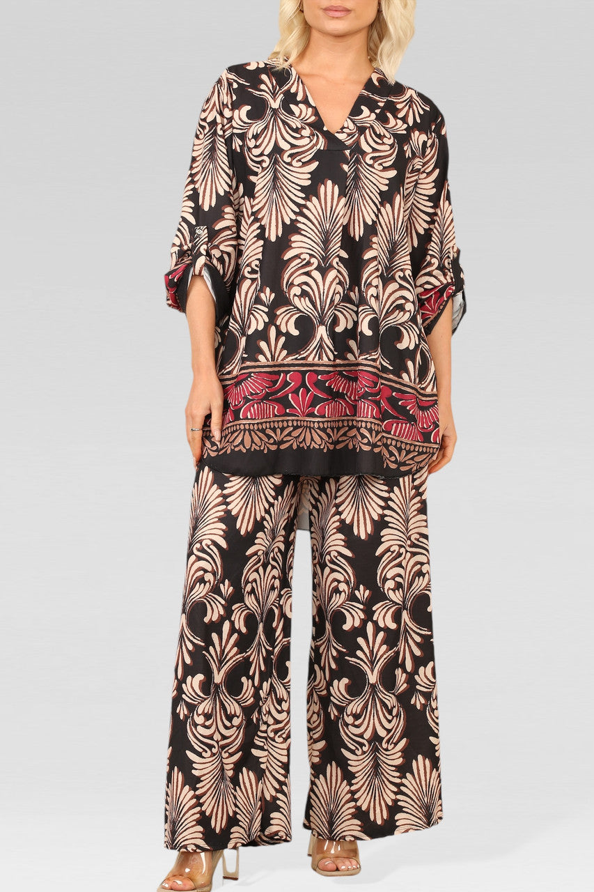 ART DECO PRINT BLOUSE TOP ZWART