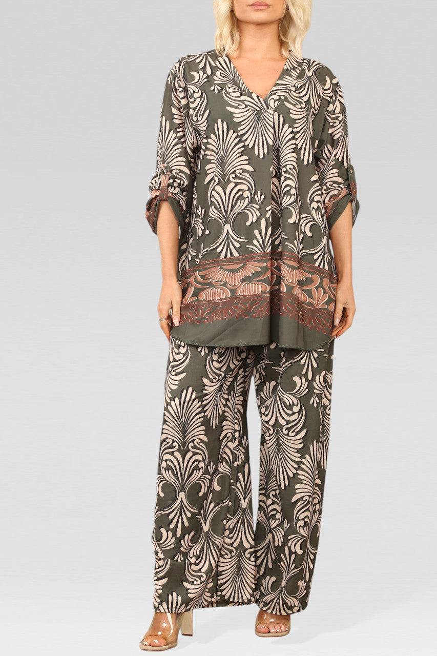 ART DECO PRINT BLOUSE TOP KAKI