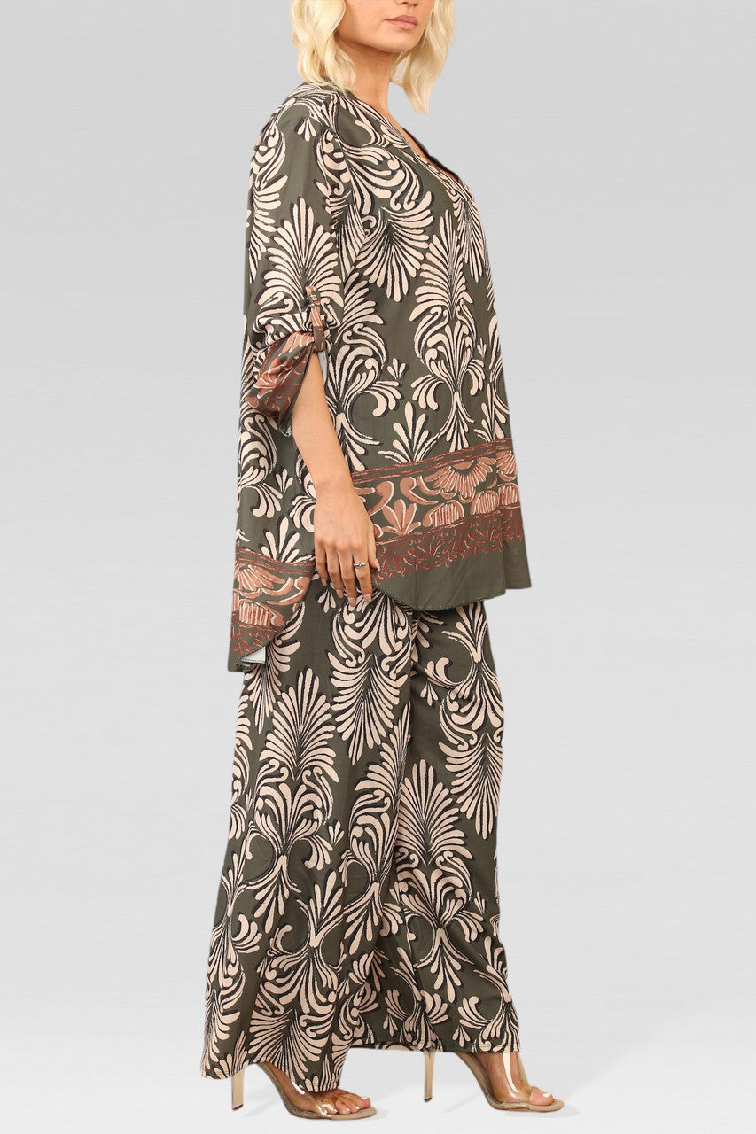ART DECO PRINT BLOUSE TOP KAKI