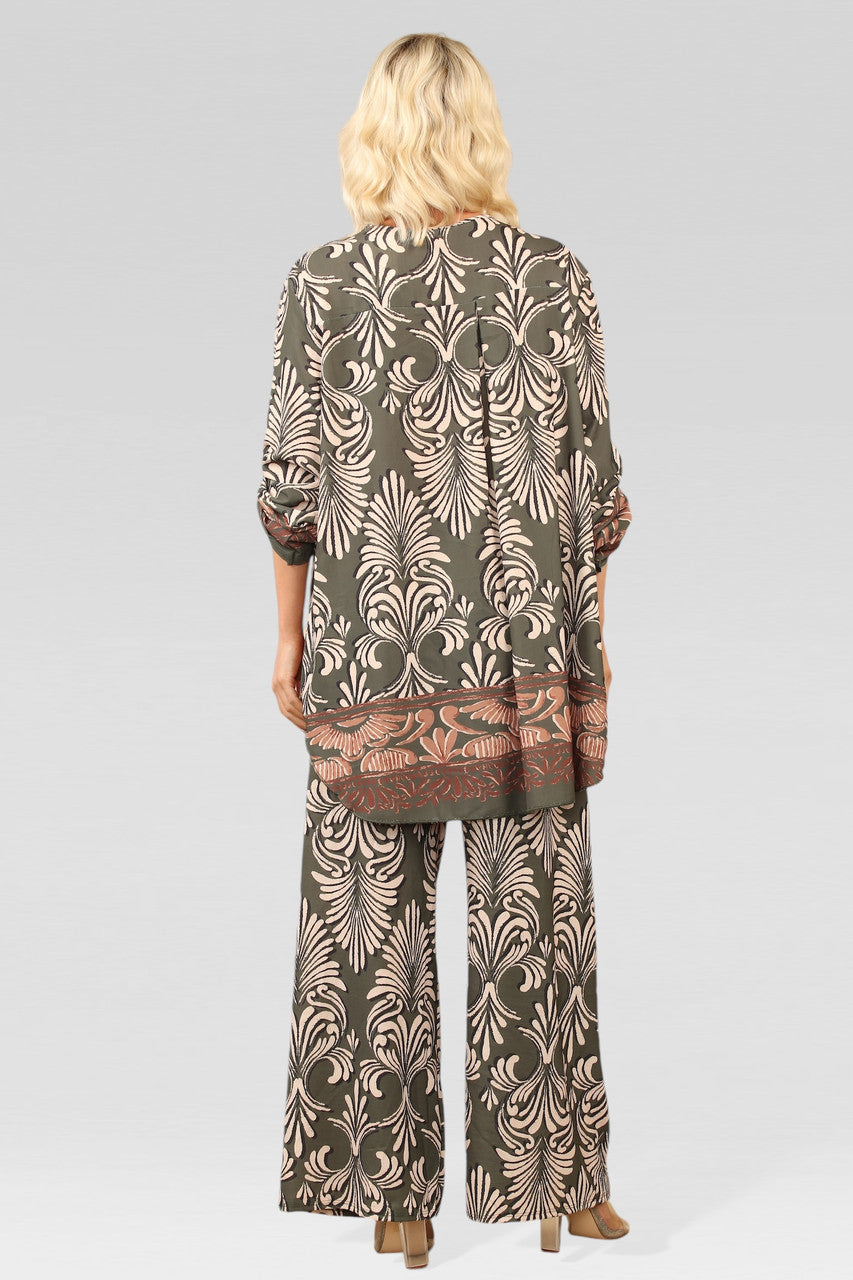 ART DECO PRINT BLOUSE TOP KAKI