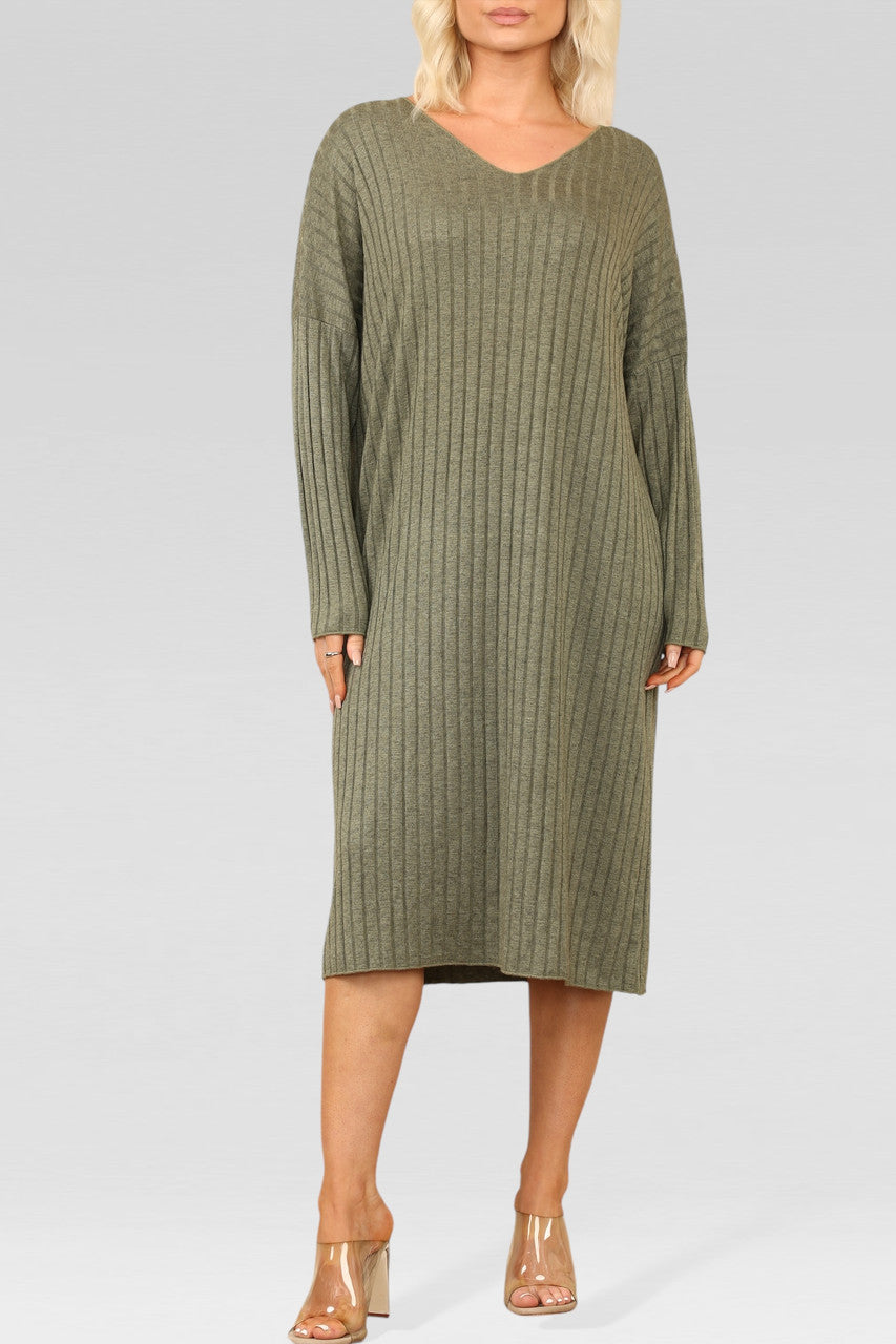 RIBBED KNITTED MIDI DRESS KHAKI