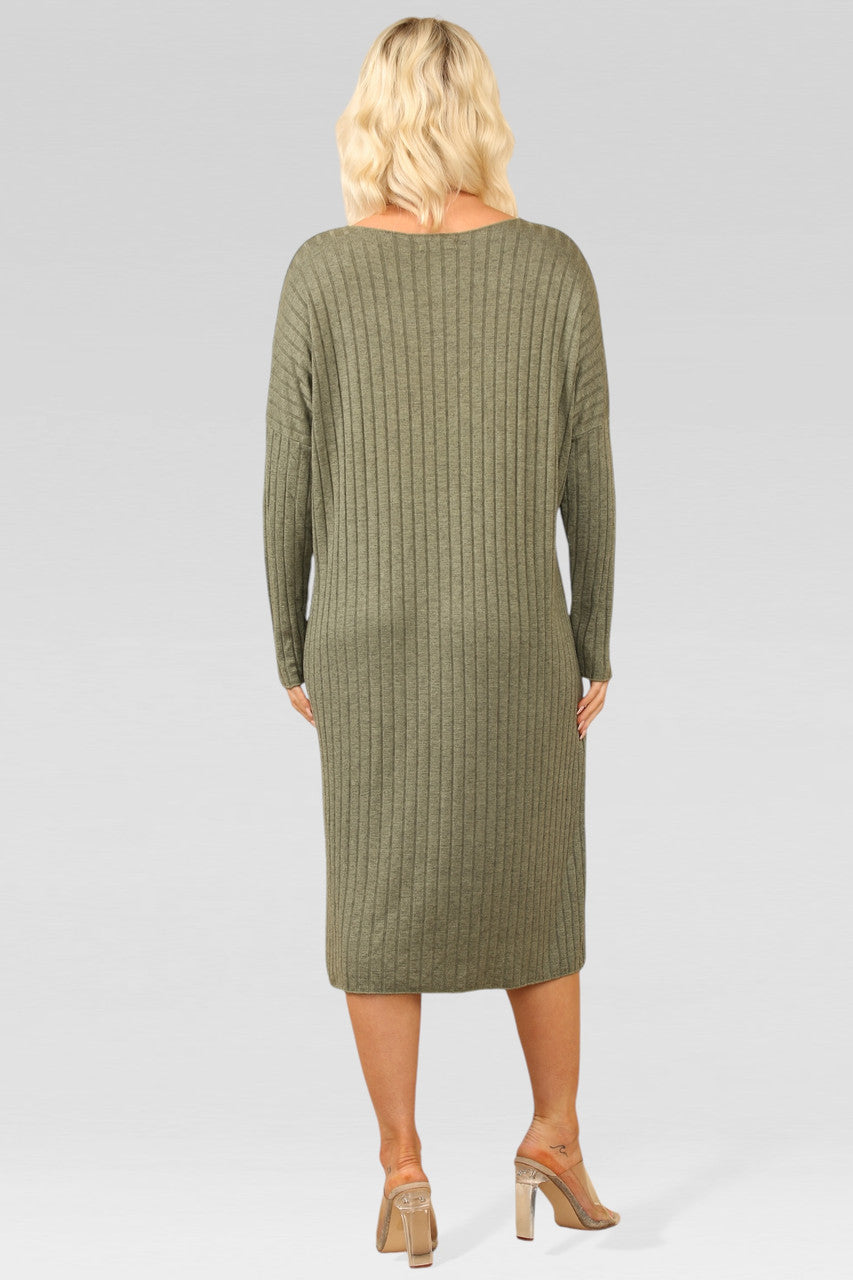 RIBBED KNITTED MIDI DRESS KHAKI