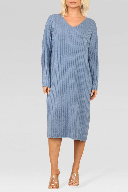 GERIBBELDE GEBREIDE MIDI JURK DENIM