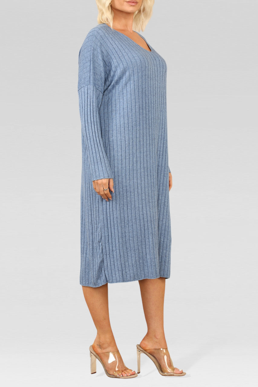 GERIBBELDE GEBREIDE MIDI JURK DENIM