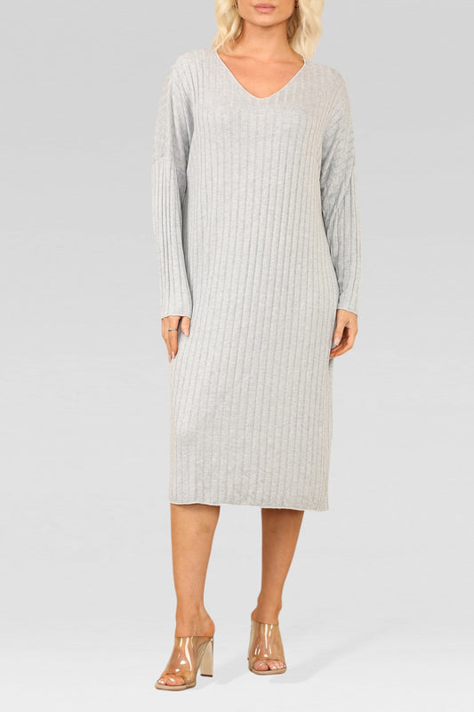 RIBBED KNITTED MIDI DRESS SILVER GREY