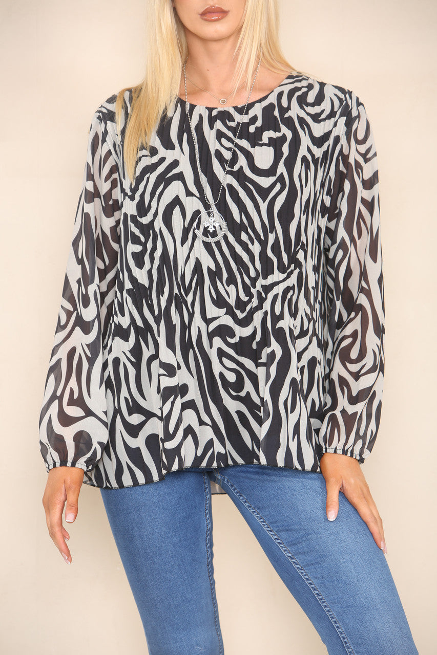 ABSTRACT ZEBRA PRINT PLEATED BLOUSE STONE