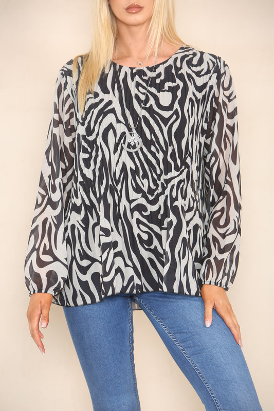 ABSTRACT ZEBRA PRINT PLEATED BLOUSE STONE