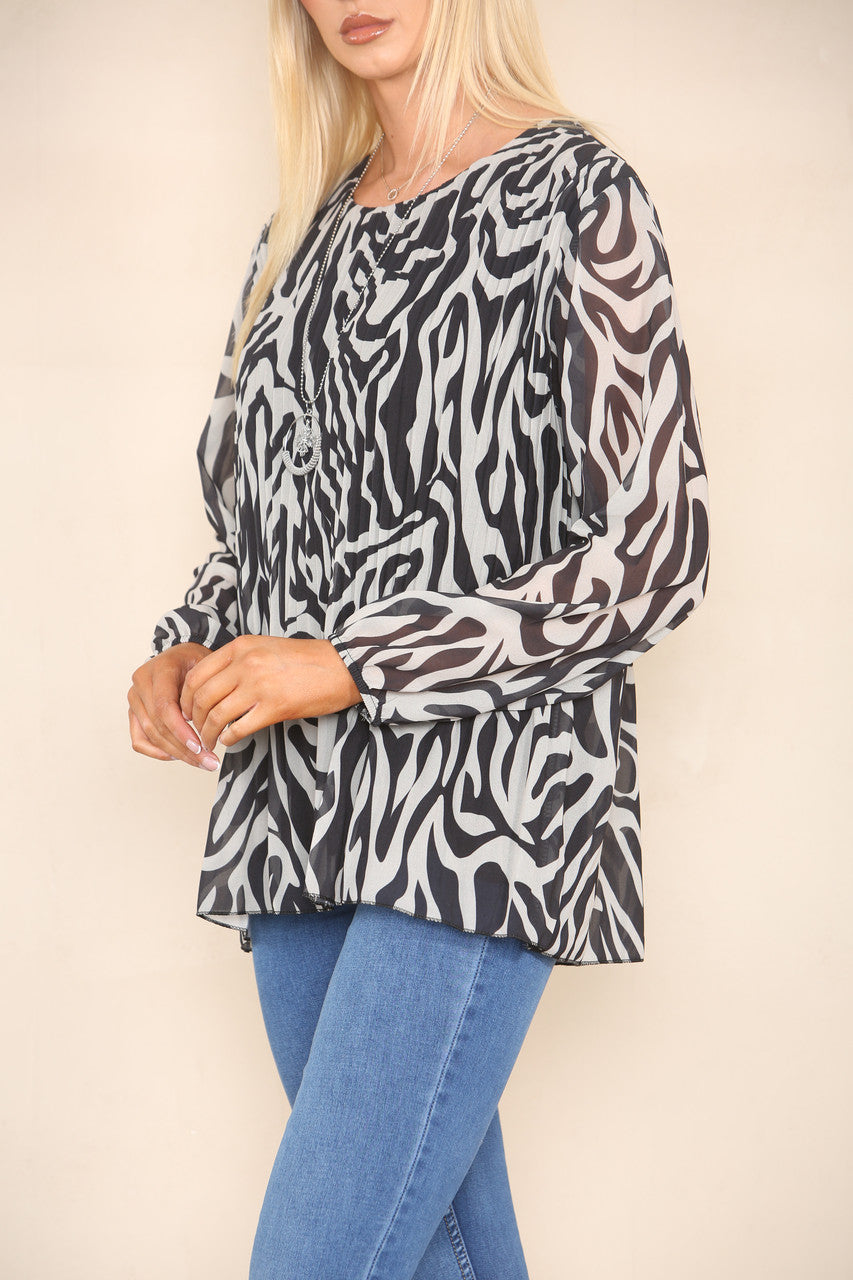 ABSTRACT ZEBRA PRINT PLEATED BLOUSE STONE