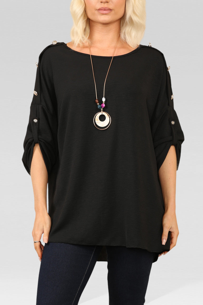 BLOUSE TOP MET KNOPEN EN HALSBAND ZWART