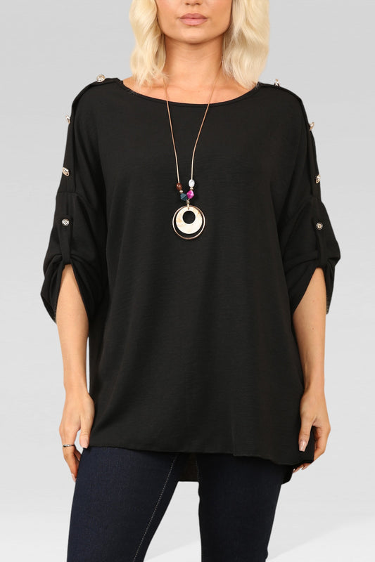 BLOUSE TOP MET KNOPEN EN HALSBAND ZWART