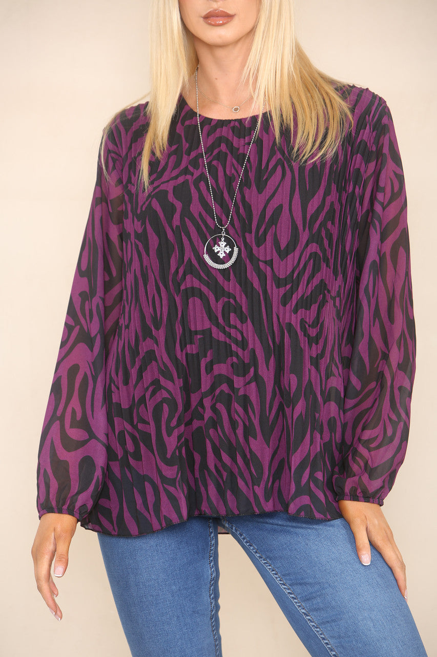 ABSTRACT ZEBRA PRINT PLEATED BLOUSE PURPLE