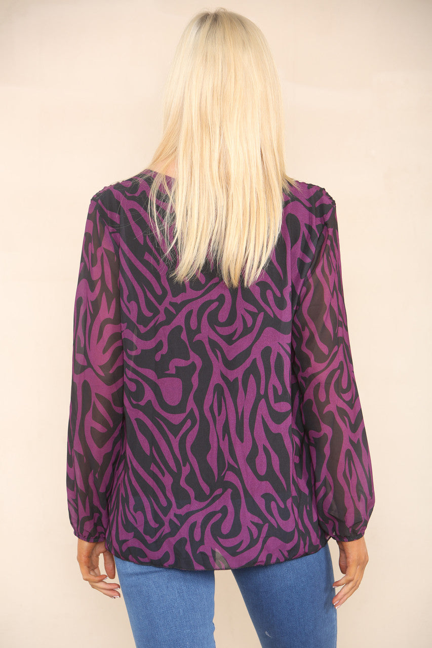 ABSTRACT ZEBRA PRINT PLEATED BLOUSE PURPLE
