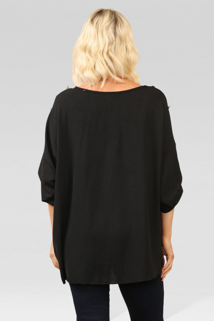 BLOUSE TOP MET KNOPEN EN HALSBAND ZWART