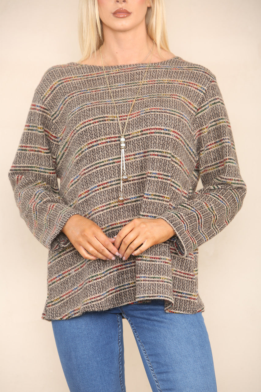 COLOUR FLECK STRIPE YARN KNIT JUMPER STONE