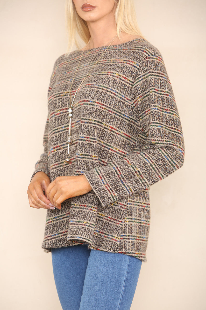 COLOUR FLECK STRIPE YARN KNIT JUMPER STONE