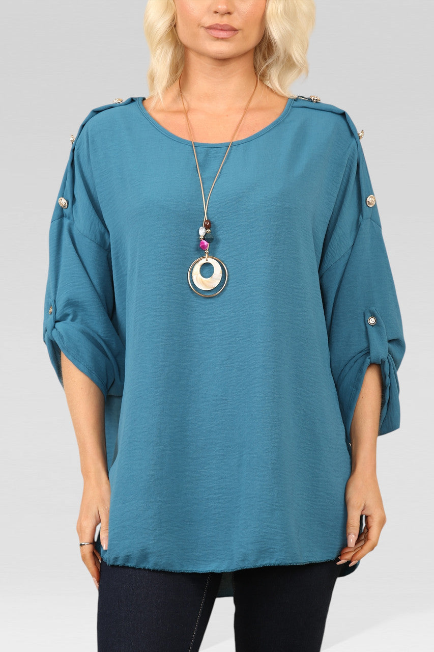 BLOUSE MET KNOPEN OP MOUW EN HALSBAND TEAL