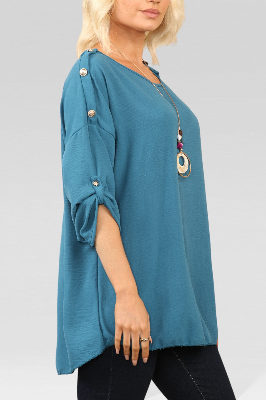 BLOUSE MET KNOPEN OP MOUW EN HALSBAND TEAL