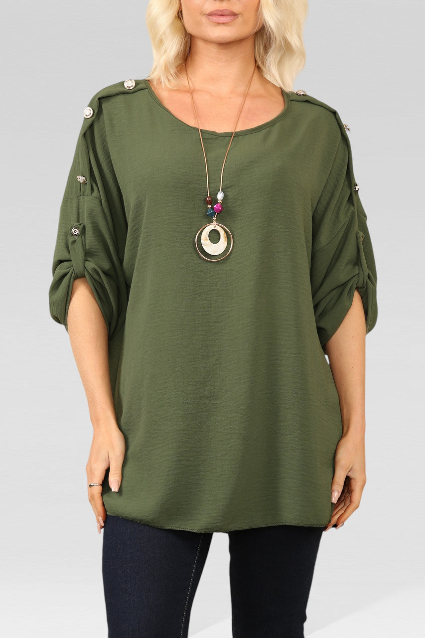 BLOUSE TOP MET KNOPEN EN HALSBAND KHAKI