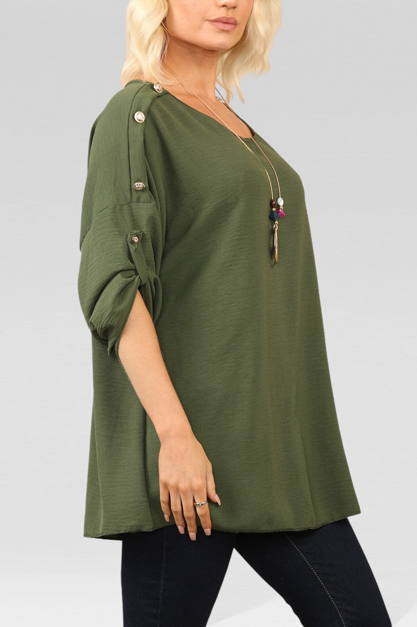 BLOUSE TOP MET KNOPEN EN HALSBAND KHAKI