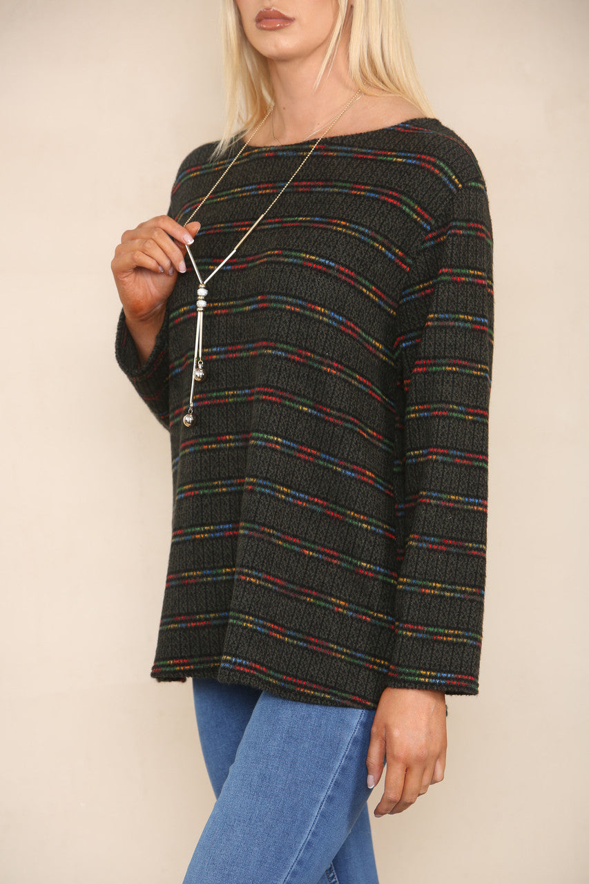 COLOUR FLECK STRIPE YARN KNIT JUMPER KHAKI