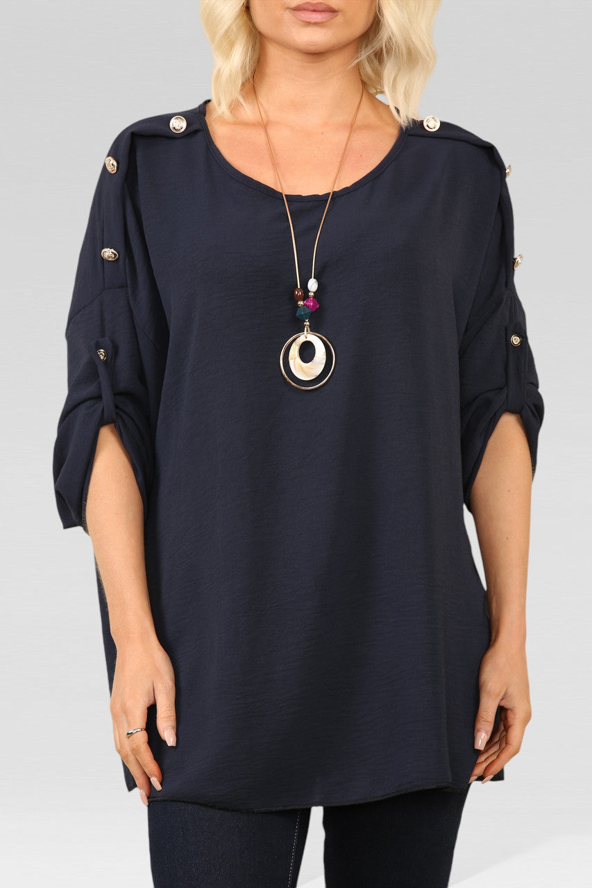 BLOUSE TOP MET KNOPJES EN HALSBAND NAVY