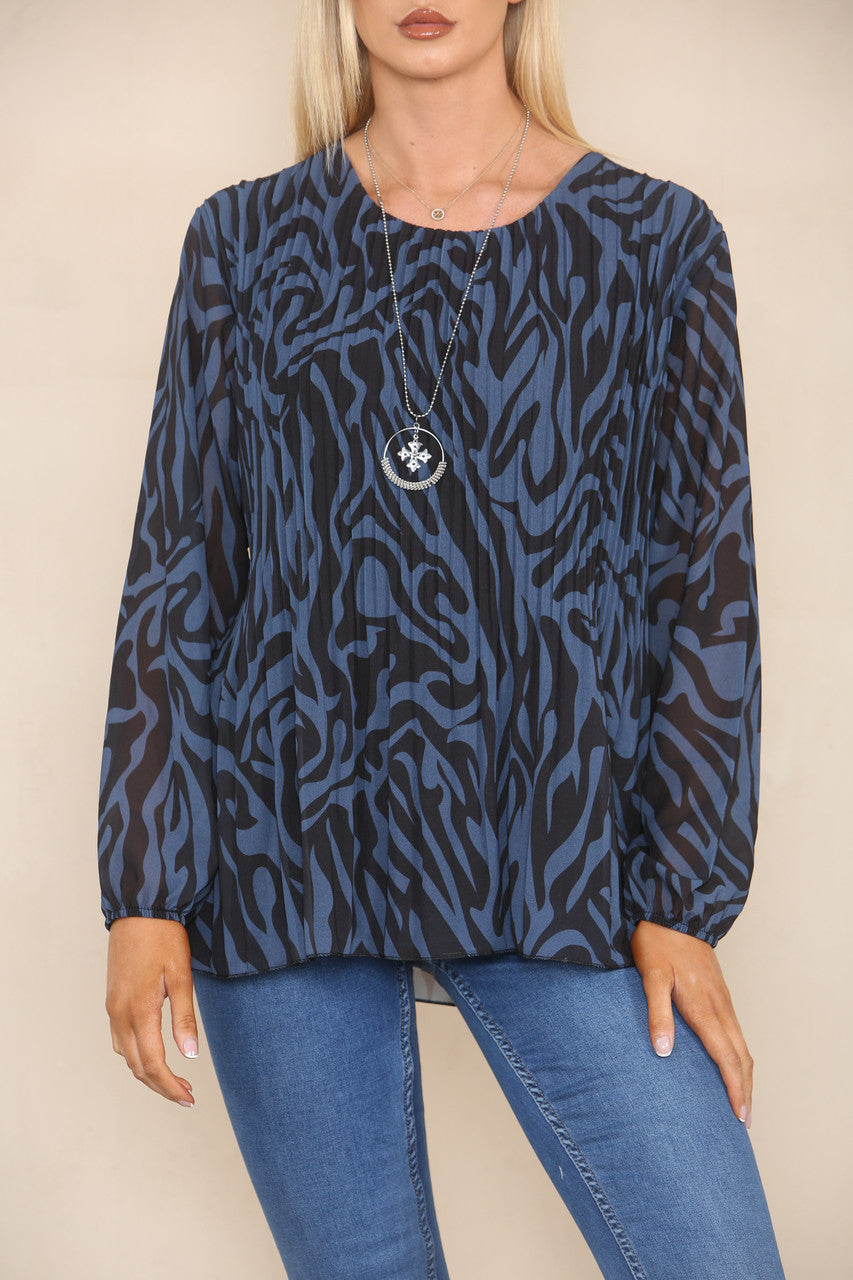 ABSTRACT ZEBRA PRINT PLEATED BLOUSE DENIM