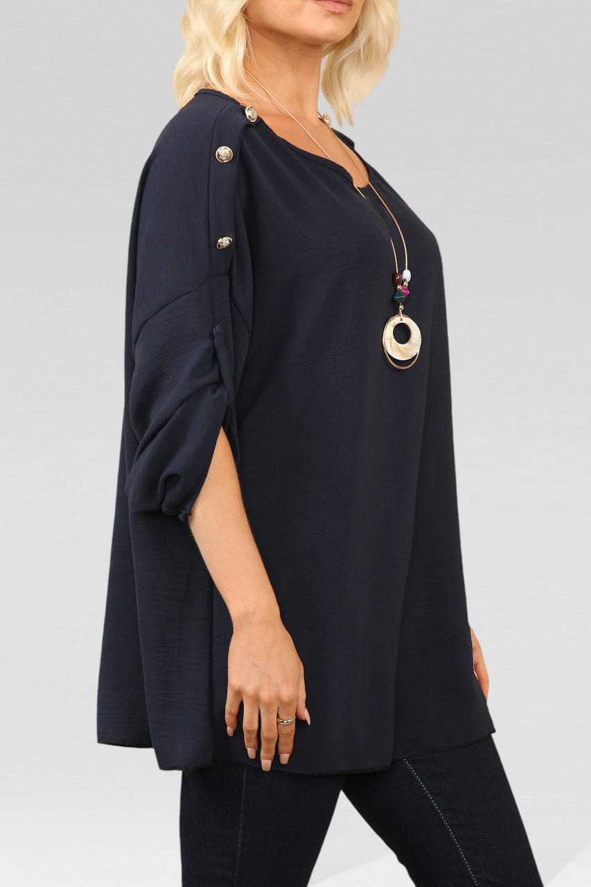 BLOUSE TOP MET KNOPJES EN HALSBAND NAVY