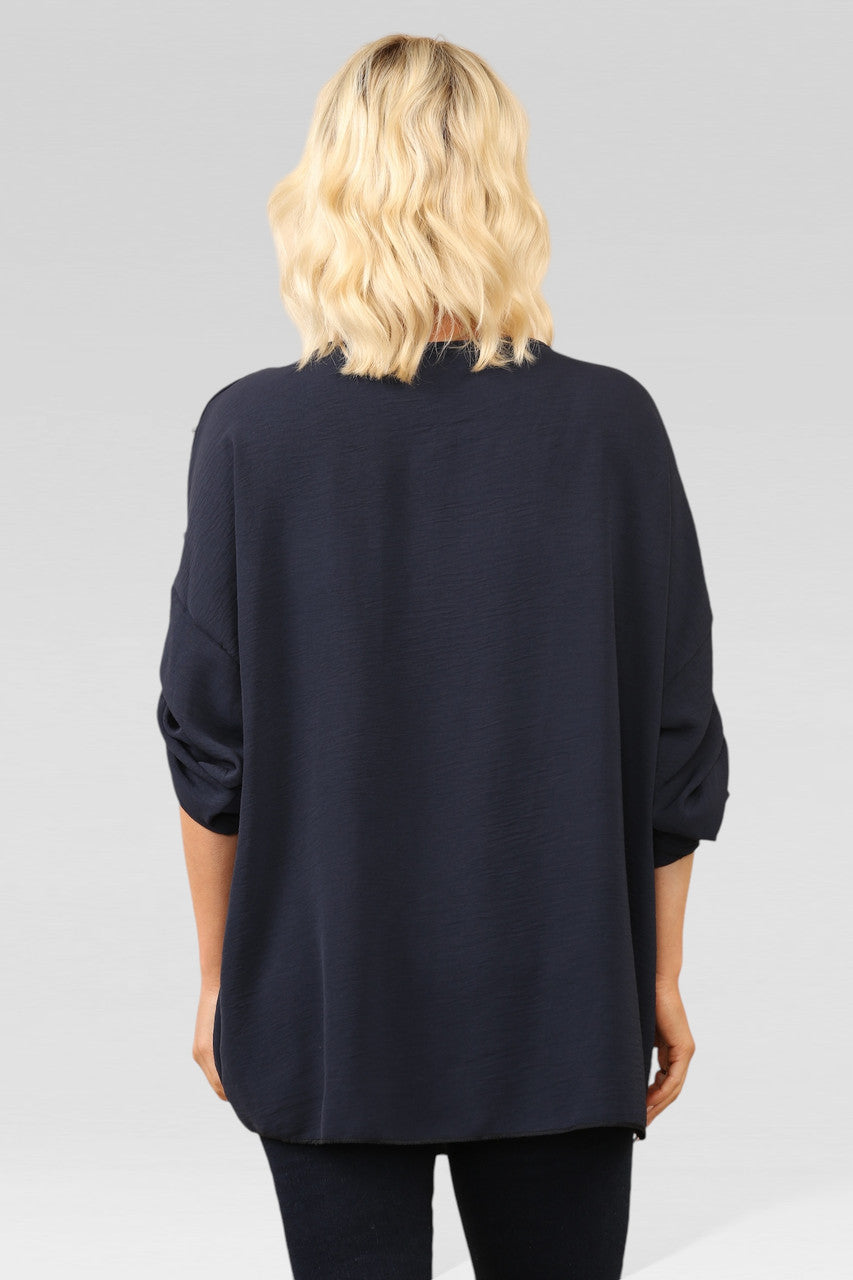 BLOUSE TOP MET KNOPJES EN HALSBAND NAVY