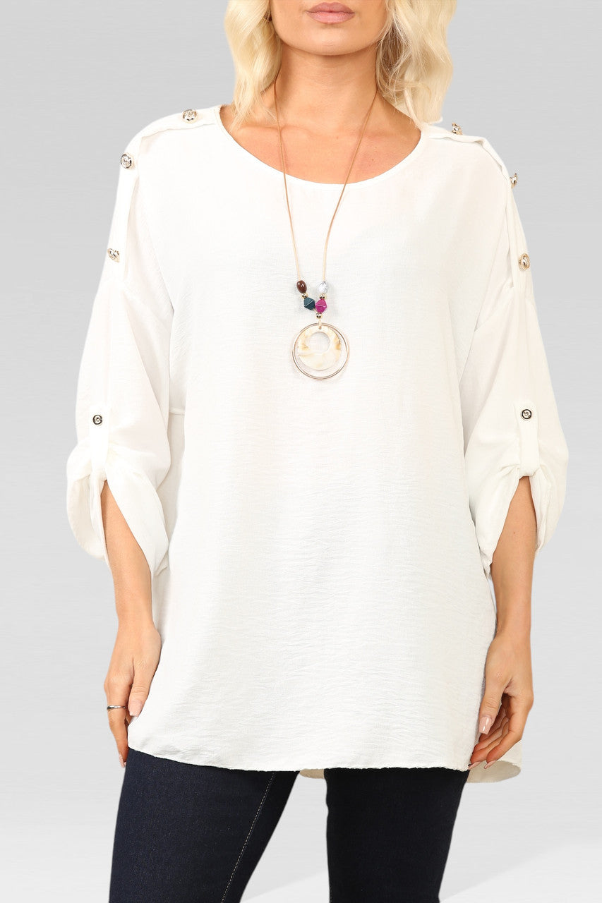 BLOUSE TOP MET KNOPEN OP MOUWEN EN KETTING WIT