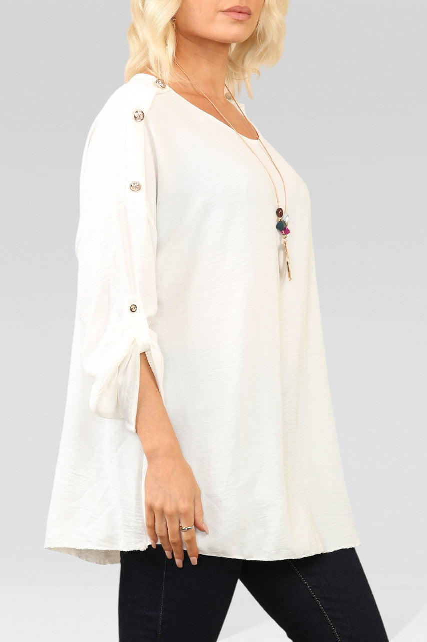 BLOUSE TOP MET KNOPEN OP MOUWEN EN KETTING WIT