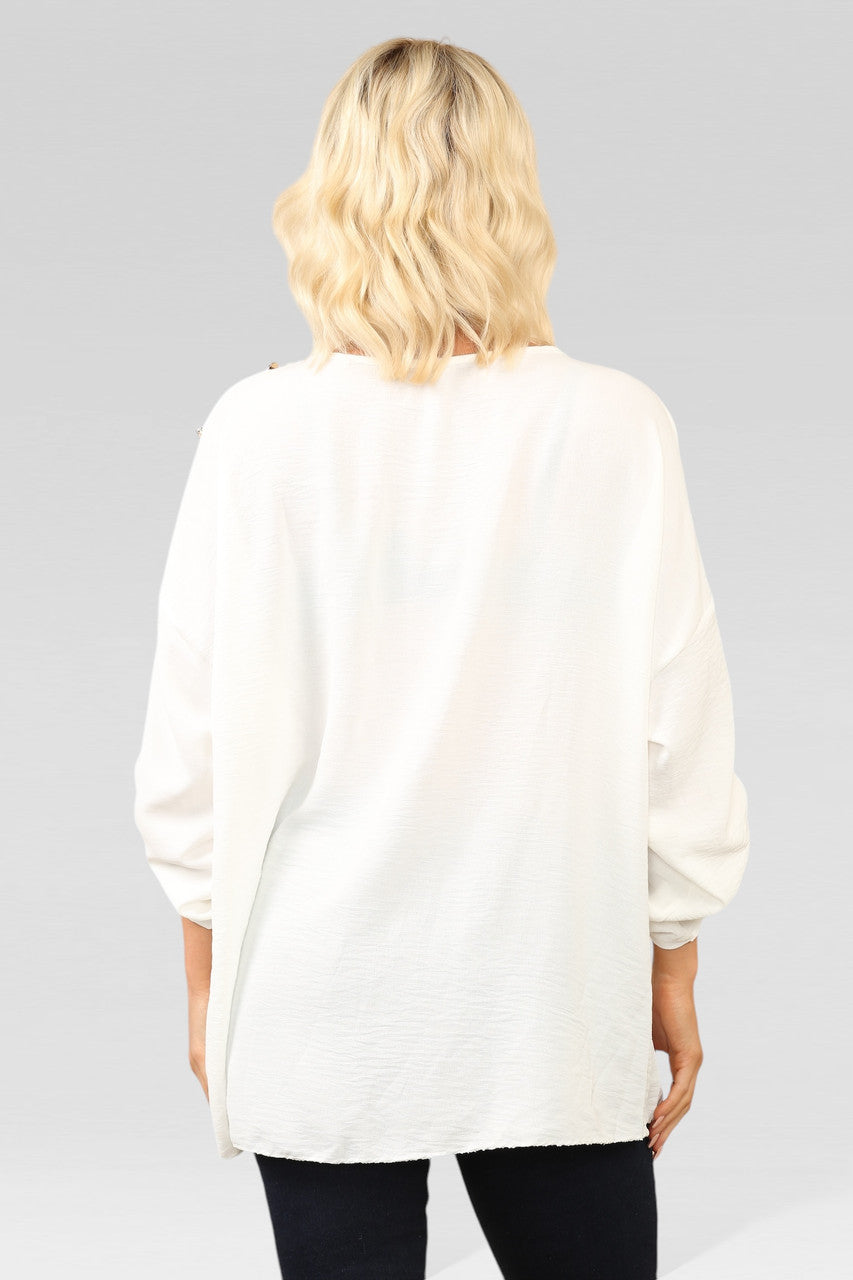 BLOUSE TOP MET KNOPEN OP MOUWEN EN KETTING WIT