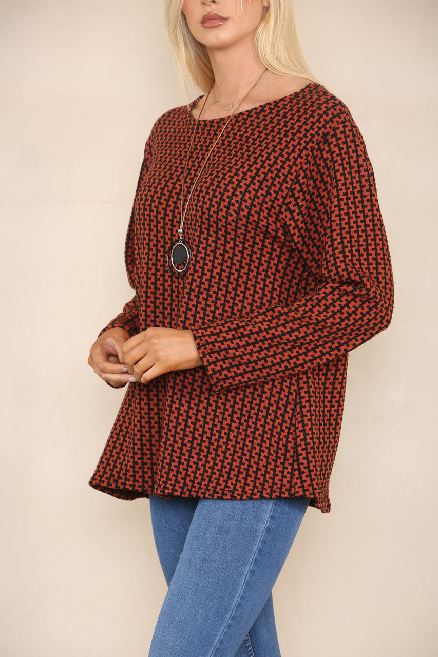 VERTICAL PATTERN YARN KNIT JUMPER RUST