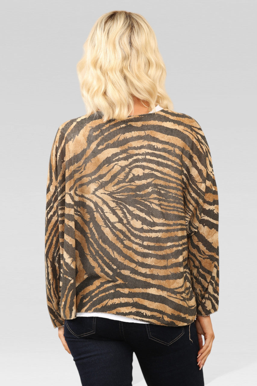 TOP MET DUBBELE LAAG EN TIJGERPRINT MET KETTING MOSTERD