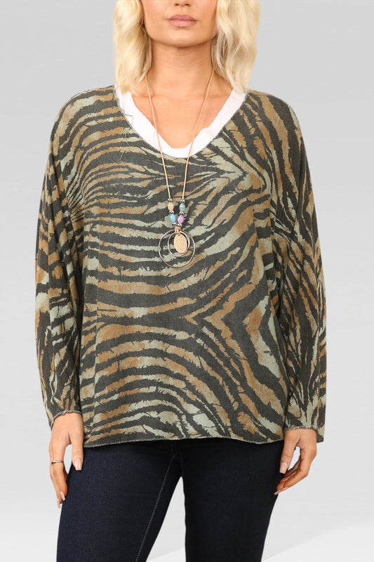 TOP MET DUBBELE LAAG EN TIJGERPRINT MET KETTING KHAKI