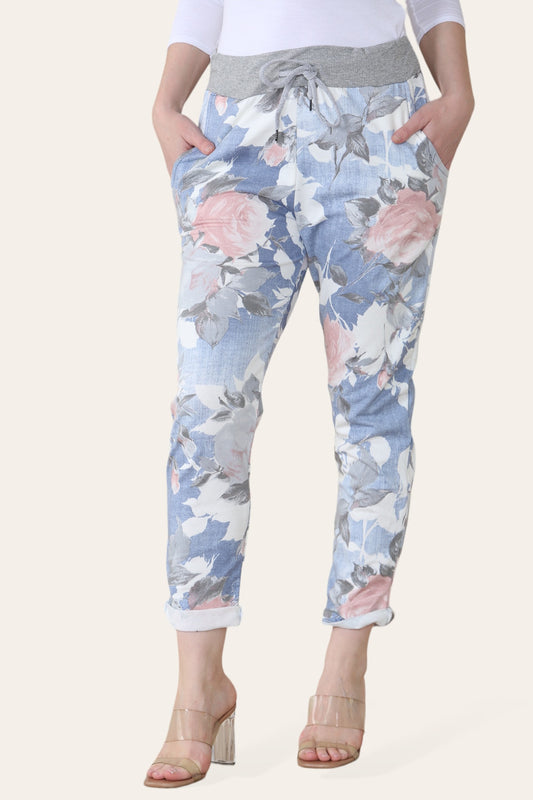 FLORAL ROSE MIX PRINT JOGGINGBROEK - LICHTBLAUW