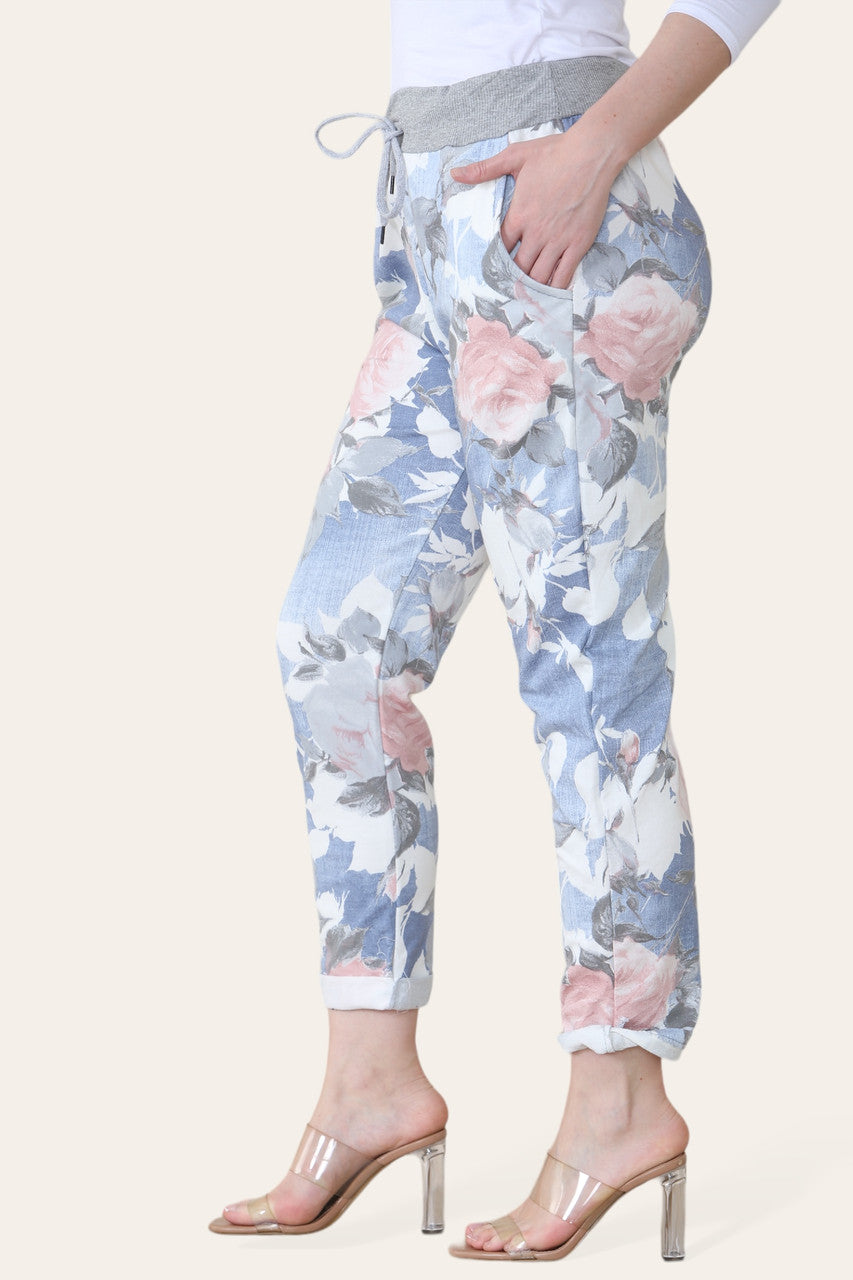 FLORAL ROSE MIX PRINT JOGGING PANT TROUSERS - LIGHT BLUE