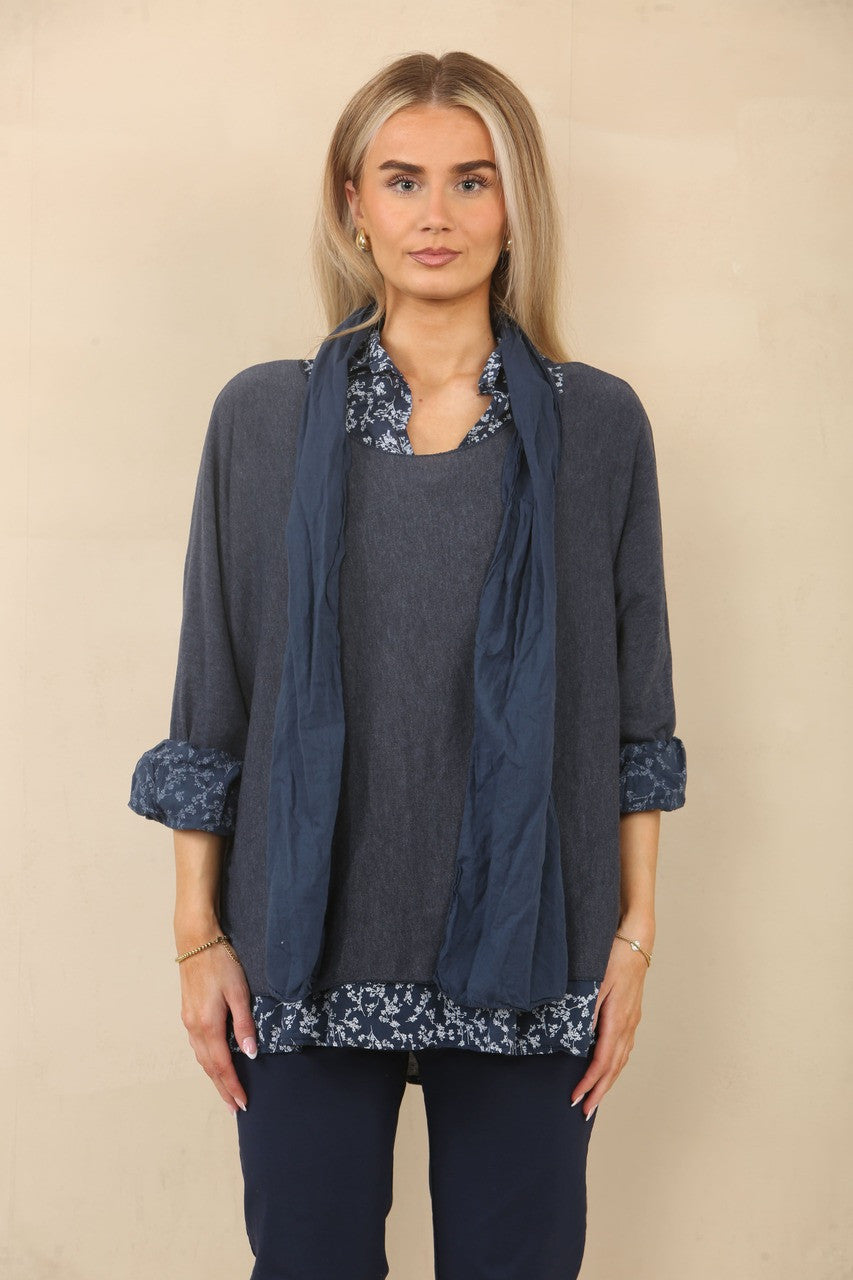 2-IN-1 SHIRT MET BLADERENPRINT, TRUI & SJAAL - MARINEBLAUW
