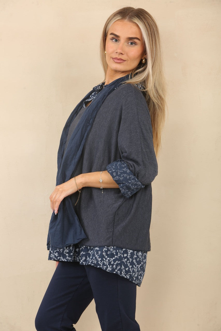 2-IN-1 SHIRT MET BLADERENPRINT, TRUI & SJAAL - MARINEBLAUW