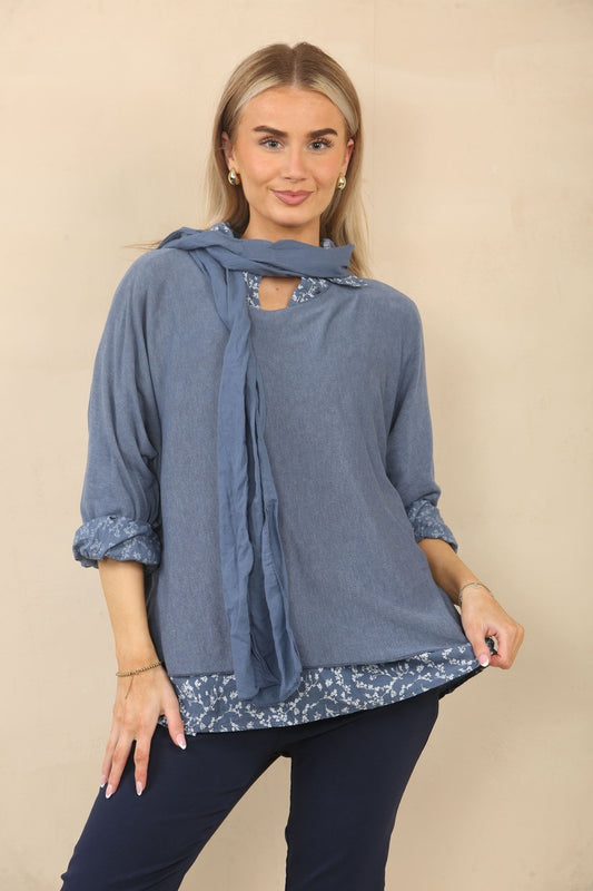 2-IN-1 SHIRT MET BLADERPRINT, TRUI & SJAAL - DENIM