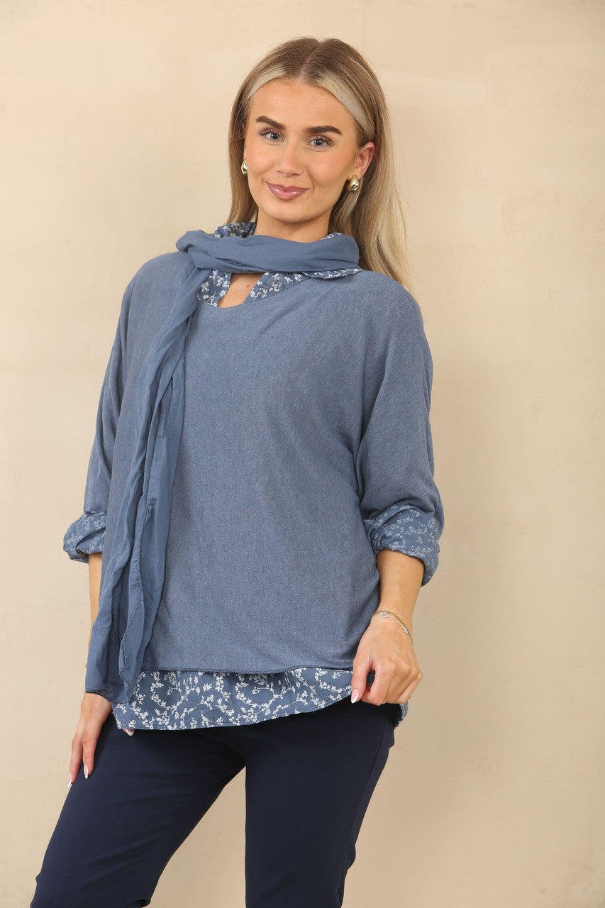 2-IN-1 SHIRT MET BLADERPRINT, TRUI & SJAAL - DENIM
